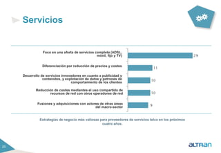 25 
Servicios 
Foco en una oferta de servicios completa (ADSL, 
móvil, fijo y TV) 
Diferenciación por reducción de precios y costes 
Desarrollo de servicios innovadores en cuanto a publicidad y 
contenidos, y explotación de datos y patrones de 
comportamiento de los clientes 
Reducción de costes mediantes el uso compartido de 
recursos de red con otros operadores de red 
Fusiones y adquisiciones con actores de otras áreas 
del macro-sector 
Estrategias de negocio más valiosas para proveedores de servicios telco en los próximos 
cuatro años. 
 