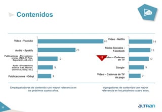 36 
Contenidos 
Vídeo - Youtube 
Audio - Spotify 
Publicaciones - Proveedores 
prensa (ABC, El País, 
Expansión, AS, etc.) 
Audio - Proveedores 
música (EMI, Warner, 
Universal, Sony, etc.) 
Publicaciones - Orbyt 
Empaquetadores de contenido con mayor relevancia en 
los próximos cuatro años. 
Vídeo - Netflix 
Redes Sociales - 
Facebook 
Video – Cadenas 
de TV 
Google 
-2 
Video – Cadenas de TV 
de pago 
Agregadores de contenido con mayor 
relevancia en los próximos cuatro años. 
 