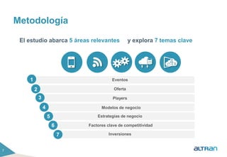 El estudio abarca 5 áreas relevantes y explora 7 temas clave 
Eventos 
Oferta 
Players 
Modelos de negocio 
Estrategias de negocio 
Metodología 
7 
Factores clave de competitividad 
Inversiones 
1 
2 
3 
4 
5 
6 
7 
 