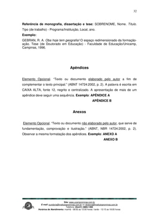 Site: www.ucamprominas.com.br
E-mail: ouvidoria@institutoprominas.com.br ou diretoria@institutoprominas.com.br
Telefone: (0xx31) 3865-1400
Horários de Atendimento: manhã - 08:00 as 12:00 horas / tarde - 13:15 as 18:00 horas
32
Referência de monografia, dissertação e tese: SOBRENOME, Nome. Título.
Tipo (de trabalho) - Programa/Instituição, Local, ano.
Exemplo:
GEBRAN, R. A. Oba hoje tem geografia! O espaço redimensionado da formação-
ação. Tese (de Doutorado em Educação) - Faculdade de Educação/Unicamp,
Campinas, 1996.
Apêndices
Elemento Opcional. “Texto ou documento elaborado pelo autor a fim de
complementar o texto principal.” (ABNT 14724:2002, p. 2). A palavra é escrita em
CAIXA ALTA, fonte 12, negrito e centralizado. A apresentação de mais de um
apêndice deve seguir uma sequência. Exemplo: APÊNDICE A
APÊNDICE B
Anexos
Elemento Opcional. “Texto ou documento não elaborado pelo autor, que serve de
fundamentação, comprovação e ilustração.” (ABNT, NBR 14724:2002, p. 2).
Observar a mesma formatação dos apêndices. Exemplo: ANEXO A
ANEXO B
 