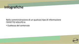Infografiche
Nella somministrazione di un qualsiasi tipo di informazione
l’EFFETTO VOLUTO è:
• Esattezza del contenuto
 