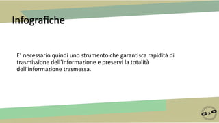 Infografiche
E’ necessario quindi uno strumento che garantisca rapidità di
trasmissione dell’informazione e preservi la totalità
dell’informazione trasmessa.
 