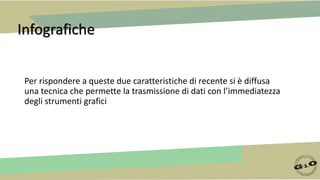 Infografiche
Per rispondere a queste due caratteristiche di recente si è diffusa
una tecnica che permette la trasmissione di dati con l’immediatezza
degli strumenti grafici
 