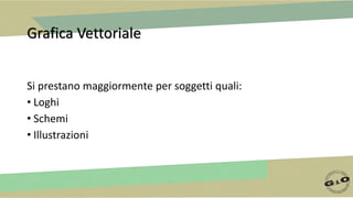 Grafica Vettoriale
Si prestano maggiormente per soggetti quali:
• Loghi
• Schemi
• Illustrazioni
 