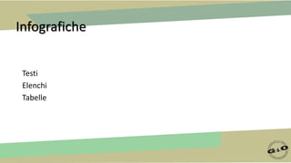 Infografiche
Testi
Elenchi
Tabelle
 