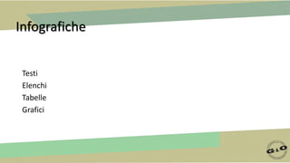 Infografiche
Testi
Elenchi
Tabelle
Grafici
 