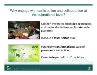 Potentially transformational scale of 
governance and action 
Closer to impact of LULUC decisions
Calls for: integrated la...