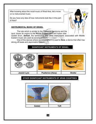 108
INSTRUMENTAL MUSIC OF ISRAEL
The lute which is similar to the Philippine bandurria and the
laud, traces its origins to the Middle Eastern Oud and Indian sitar.
Goblet drum, darbuk, the tambourine and other instruments associated with Middle
Eastern music are used as accompaniment.
One of the dances where accompaniment is used is Hora, a dance that often has
strong off beats and asymmetric meters.
Jewish Lyre Psalterion (Harp) Shofar
Goblet Toft
SIGNIFICANT INSTRUMENTS OF ISRAEL
After knowing about the vocal music of West Asia, let’s move
on to instrumental music.
Do you have any idea of how instruments look like in this part
of Asia?
OTHER SIGNIFICANT INSTRUMENTS OF ARAB COUNTRIES
 