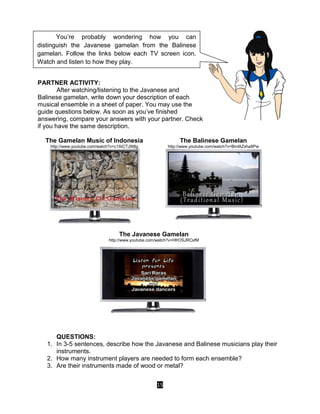 15
PARTNER ACTIVITY:
After watching/listening to the Javanese and
Balinese gamelan, write down your description of each
musical ensemble in a sheet of paper. You may use the
guide questions below. As soon as you’ve finished
answering, compare your answers with your partner. Check
if you have the same description.
The Gamelan Music of Indonesia
http://www.youtube.com/watch?v=c1AiCTJ9t8g
The Balinese Gamelan
http://www.youtube.com/watch?v=BmlAZxha8Pw
The Javanese Gamelan
http://www.youtube.com/watch?v=HfrOSJRCsfM
QUESTIONS:
1. In 3-5 sentences, describe how the Javanese and Balinese musicians play their
instruments.
2. How many instrument players are needed to form each ensemble?
3. Are their instruments made of wood or metal?
You’re probably wondering how you can
distinguish the Javanese gamelan from the Balinese
gamelan. Follow the links below each TV screen icon.
Watch and listen to how they play.
 
