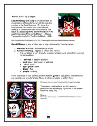 213
Kabuki Make- up of Japan
Kabuki makeup or Kesho is already in itself an
interpretation of the actor’s own role through the
medium of the facial features. “On stage, this
interpretation becomes a temporalization of
makeup in collaboration with the audience. The
result is a decoding of the drama traced out in the
graphic designs of the painted face.” — Masao
Yamaguchi (quoted in The Painted Body, 1984)
http://thestorybehindthefaces.com/2012/01/20/kumadori-japanese-kabuki-theatre-makeup/
Kabuki Makeup is also another way of face painting which has two types:
1. standard makeup - applied to most actors
2. kumadori makeup - applied to villains and heroes
- It is composed of very dramatic lines and shapes using colors that represent
certain qualities.
 dark red = passion or anger
 dark blue = depression or sadness
 pink = youth
 light green = calm
 black = fear
 purple = nobility
Some examples of face painting are the mukimi-guma or suji-guma, where the lines
are painted onto an actor’s face. These are then smudged to soften them.
http://www.vtcommons.org/sites/default/files/images/kabuki.jpg
The makeup and perfume worn throughout
performances were highly significant to the stories
that were being told.
Source :
http://cache2.allpostersimages.com/p/LRG/16/1655/VIXGD00Z/posters/kabuki-
makeup.jpg
 