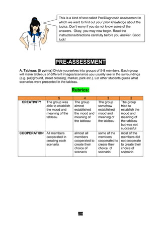 279
PRE-ASSESSMENT
A. Tableau: (5 points) Divide yourselves into groups of 5-8 members. Each group
will make tableaus of different images/scenarios you usually see in the surroundings
(e.g. playground, street crossing, market, park etc.). Let other students guess what
scenarios were presented in the tableau.
Rubrics:
5 4 3 2
CREATIVITY The group was
able to establish
the mood and
meaning of the
tableau.
The group
almost
established
the mood and
meaning of
the tableau
The group
somehow
established
mood and
meaning of
the tableau
The group
tried to
establish the
mood and
meaning of
the tableau
but was not
successful
COOPERATION All members
cooperated in
creating each
scenario
almost all
members
cooperated to
create their
choice of
scenario
some of the
members
cooperated to
create their
choice of
scenario
most of the
members did
not cooperate
to create their
choice of
scenario
This is a kind of test called Pre/Diagnostic Assessment in
which we want to find out your prior knowledge about the
topics. Don’t worry if you do not know some of the
answers. Okay, you may now begin. Read the
instructions/directions carefully before you answer. Good
luck!
 
