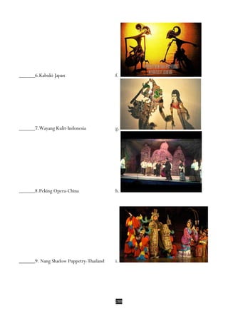 288
______6.Kabuki-Japan f.
______7.Wayang Kulit-Indonesia g.
______8.Peking Opera-China h.
______9. Nang Shadow Puppetry-Thailand i.
 