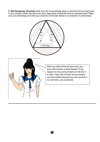 289
F. Ball Designing: (9 points) Aside from the musical/stage plays or festivals that you have seen
in your previous tasks, are there any other stage plays or festivals that you already know? Make
your own ball design and write your answers on the ball. Below is an example of a ball design.
FESTIVALS
M
USI
CA
L
PL
AY
ST
AG
E
PL
AY
Were you able to find out how much you
know about Asian musical theater? If you
happen to miss some answers on the test, it
is okay. Take note of those wrong answers
you have written because you can use that in
our next task. Let us proceed.
 