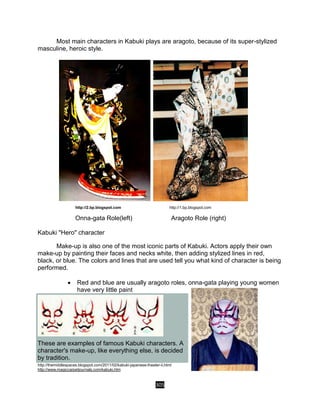 305
Most main characters in Kabuki plays are aragoto, because of its super-stylized
masculine, heroic style.
http://2.bp.blogspot.com http://1.bp.blogspot.com
Onna-gata Role(left) Aragoto Role (right)
Kabuki "Hero" character
Make-up is also one of the most iconic parts of Kabuki. Actors apply their own
make-up by painting their faces and necks white, then adding stylized lines in red,
black, or blue. The colors and lines that are used tell you what kind of character is being
performed.
 Red and blue are usually aragoto roles, onna-gata playing young women
have very little paint
These are examples of famous Kabuki characters. A
character's make-up, like everything else, is decided
by tradition.
http://themiddlespaces.blogspot.com/2011/02/kabuki-japanese-theater-ii.html
http://www.magiccarpetjournals.com/kabuki.htm
 