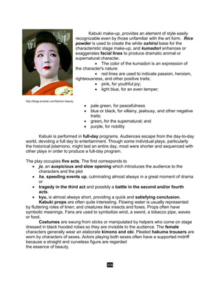 306
Kabuki make-up, provides an element of style easily
recognizable even by those unfamiliar with the art form. Rice
powder is used to create the white oshiroi base for the
characteristic stage make-up, and kumadori enhances or
exaggerates facial lines to produce dramatic animal or
supernatural character.
 The color of the kumadori is an expression of
the character's nature:
 red lines are used to indicate passion, heroism,
righteousness, and other positive traits;
 pink, for youthful joy;
 light blue, for an even temper;
http://blogs.smarter.com/fashion-beauty
 pale green, for peacefulness
 blue or black, for villainy, jealousy, and other negative
traits;
 green, for the supernatural; and
 purple, for nobility
Kabuki is performed in full-day programs. Audiences escape from the day-to-day
world, devoting a full day to entertainment. Though some individual plays, particularly
the historical jidaimono, might last an entire day, most were shorter and sequenced with
other plays in order to produce a full-day program.
The play occupies five acts. The first corresponds to
 jo, an auspicious and slow opening which introduces the audience to the
characters and the plot
 ha, speeding events up, culminating almost always in a great moment of drama
or
 tragedy in the third act and possibly a battle in the second and/or fourth
acts.
 kyu, is almost always short, providing a quick and satisfying conclusion.
Kabuki props are often quite interesting. Flowing water is usually represented
by fluttering roles of linen; and creatures like insects and foxes. Props often have
symbolic meanings. Fans are used to symbolize wind, a sword, a tobacco pipe, waves
or food.
Costumes are swung from sticks or manipulated by helpers who come on stage
dressed in black hooded robes so they are invisible to the audience. The female
characters generally wear an elaborate kimono and obi. Pleated hakuma trousers are
worn by characters of sexes. Actors playing both sexes often have a supported midriff
because a straight and curveless figure are regarded
the essence of beauty.
 