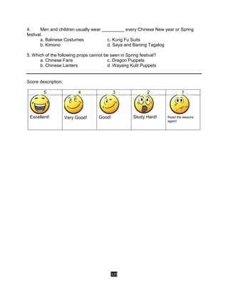 320
4. Men and children usually wear _________ every Chinese New year or Spring
festival.
a. Balinese Costumes c. Kung Fu Suits
b. Kimono d. Saya and Barong Tagalog
5. Which of the following props cannot be seen in Spring festival?
a. Chinese Fans c. Dragon Puppets
b. Chinese Lanters d. Wayang Kulit Puppets
Score description:
5 4 3 2 1
Excellent! Very Good! Good! Study Hard! Read the lessons
again!
 