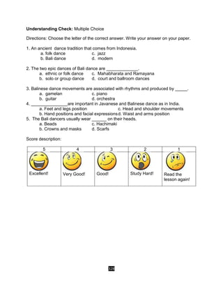 328
Understanding Check: Multiple Choice
Directions: Choose the letter of the correct answer. Write your answer on your paper.
1. An ancient dance tradition that comes from Indonesia.
a. folk dance c. jazz
b. Bali dance d. modern
2. The two epic dances of Bali dance are _____________.
a. ethnic or folk dance c. Mahabharata and Ramayana
b. solo or group dance d. court and ballroom dances
3. Balinese dance movements are associated with rhythms and produced by _____.
a. gamelan c. piano
b. guitar d. orchestra
4. _______________are important in Javanese and Balinese dance as in India.
a. Feet and legs position c. Head and shoulder movements
b. Hand positions and facial expressionsd. Waist and arms position
5. The Bali dancers usually wear ______ on their heads.
a. Beads c. Hachimaki
b. Crowns and masks d. Scarfs
Score description:
5 4 3 2 1
Excellent! Very Good! Good! Study Hard! Read the
lesson again!
 