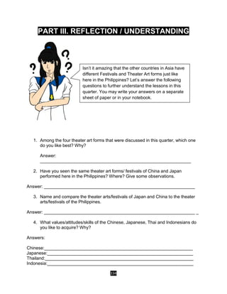 334
PART III. REFLECTION / UNDERSTANDING
1. Among the four theater art forms that were discussed in this quarter, which one
do you like best? Why?
Answer:
_____________________________________________________________
2. Have you seen the same theater art forms/ festivals of China and Japan
performed here in the Philippines? Where? Give some observations.
Answer: _____________________________________________________________
3. Name and compare the theater arts/festivals of Japan and China to the theater
arts/festivals of the Philippines.
Answer: _____________________________________________________________ _
4. What values/attitudes/skills of the Chinese, Japanese, Thai and Indonesians do
you like to acquire? Why?
Answers:
Chinese:____________________________________________________________
Japanese:___________________________________________________________
Thailand:____________________________________________________________
Indonesia:___________________________________________________________
Isn’t it amazing that the other countries in Asia have
different Festivals and Theater Art forms just like
here in the Philippines? Let’s answer the following
questions to further understand the lessons in this
quarter. You may write your answers on a separate
sheet of paper or in your notebook.
 