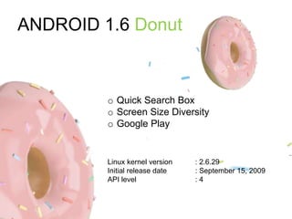 ANDROID 1.6 Donut
o Quick Search Box
o Screen Size Diversity
o Google Play
Linux kernel version : 2.6.29
Initial release date : September 15, 2009
API level : 4
 