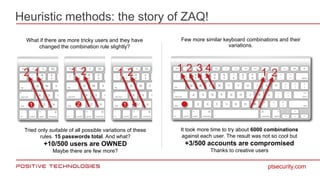 Heuristic methods: the story of ZAQ!
ptsecurity.com
What if there are more tricky users and they have
changed the combinat...