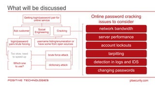 What will be discussed
ptsecurity.com
Getting login/password pair for
online service
Ask customer
Social
Engineering
Crack...