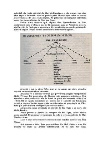 oriental, da costa oriental do Mar Mediterrâneo, e do grande vale dos
rios Tigre e Eufrates. Não há provas para afirmar que todas as raças
descendentes de Cão eram negras. As primeiras monarquias orientais
eram dos descendentes de Cão, por Cuxe.
Existe uma opinião que alguns dos descendentes de Noé
emigraram para a China e que de lá passaram para as Américas através
do Estreito de Béringue e do Alasca. Certos cientistas são de opinião de
que em algum tempo os dois continentes estivessem ligados.
Sem foi o pai de cinco filhos que se tornaram em cinco grandes
raças e numerosas tribos menores.
Arfaxade foi o pai dos caldeus que povoaram a região marginal do
Golfo Pérsico. Foi progenitor de Abraão, oito gerações anteriores. Um
dos descendentes de Arfaxade foi Joctã de quem vieram treze tribos (Gn
10.25-30) as quais ocuparam as partes sul e sudeste da Península
Arábica. Alguns destes nomes são mencionados na genealogia de Cão,
fato que pode indicar miscigenação entre as raças.
Ela povoou uma província ao oriente do Rio Tigre e ao norte do
Golfo Pérsico.
Assur povoou a Assíria às margens do Rio Tigre, tendo Nínive
como capital. Eram uma vez senhores de toda a terra ao oriente do Mar
Mediterrâneo.
Lude e seus descendentes moraram nas bandas sudeste da Ásia
Menor.
Arã povoou a Síria. Teve quatro filhos: Uz, Hul, Géter e Más. Uz
morou no meio da Arábia setentrional. Jó foi um dos seus
 