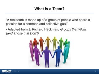 What is a Team?
“A real team is made up of a group of people who share a
passion for a common and collective goal”
- Adapt...