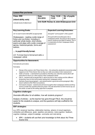 Lesson Plan pro forma
Class: 8NE
(mixed ability sets)
indicate levels of attainment
Date:
29.4.2016
Time: 12:20 –
13:25
No. of pupils:
28
Unit /SoW: Romeo & Juliet Shakespeare Unit
Key Learning Goals:
ref. to exam board criteria/NC as appropriate
Shakespeare - reading a wide range of
fiction and non-fiction, including in
particular whole books, short stories,
poems and plays with a wide coverage of
genres, historical periods, forms and
authors.
… in pupil-friendly format:
LO: To know how to format and write a
newspaper article
Expected Learning Outcomes:
all pupils? some pupils? a few pupils?
All pupils will know what goes into a
newspaper article, focusing on the purpose,
layout, audience and style of writing. This is
in preparation for their newspaper article
assessment
Opportunities for Assessment:
Formative & summative
Formative
 Recap of the events in Act Three Scene One – this allows the students to remember what
happens in Act Three Scene One so they can write accurately in their assessment
 Order of events – a worksheetis provided so that they can order the events which will
allow them to focus on a few events in their newspaper article
 PALS – students will be taughtPALS, which focuses on their writing and the different
things they have to think aboutwhen writing their newspaper article
 Sample ofopening paragraph – ask students what is good aboutthis paragraph.Why
does it adhere to the PALS conventions.
 Homework analysis – students should have broughtin their newspaper articles and they
have to answer the questions that are posed.This will allow them to think how to lay out
the article, as well as the writing style that is adopted.
Cognitive challenges:
Desirable difficulties for all abilities; how will students progress?
Analysis of articles – as the teacher has gone through PALS, this should be
easier for the students to analyse, and the questions will help scaffold for the
students.
EBT strategies:
e.g. APK, reciprocal teaching, collaborative learning, advance & visual organisers,
similarities and differences, goals, repetition and practice, meta-cognition, feedback,
cognitive challenge, subject knowledge, summaries and note-taking
 APK – students will use their prior knowledge to think about Act Three
Scene One
 