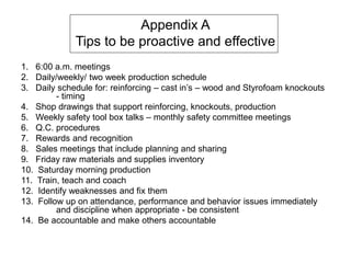 Appendix A
Tips to be proactive and effective
1. 6:00 a.m. meetings
2. Daily/weekly/ two week production schedule
3. Daily...
