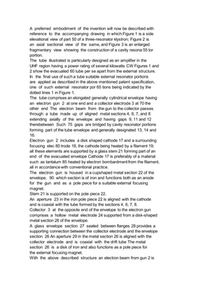 A preferred embodiment of the invention will now be described with
reference to the accompanying drawing in which:Figure 1 is a side
elevational view of part 50 of a three-resonator klystron; Figure 2 is
an axial sectional view of the same, and Figure 3 is an enlarged
fragmentary view showing the construction of a cavity resona 55 tor
portion.
The tube illustrated is particularly designed as an amplifier in the
UHF region having a power rating of several kilowatts CW Figures 1 and
2 show the evacuated 60 tube per se apart from the external structure.
In the final use of such a tube suitable external resonator portions
are applied as described in the above mentioned patent specification,
one of such external resonator por 65 tions being indicated by the
dotted lines 1 in Figure 1.
The tube comprises an elongated generally cylindrical envelope having
an electron gun 2 at one end and a collector electrode 3 at 70 the
other end The electron beam from the gun to the collector passes
through a tube made up of aligned metal sections 4, 6, 7, and 8
extending axially of the envelope and having gaps 9, 11 and 12
therebetween Such 75 gaps are bridged by cavity resonator portions
forming part of the tube envelope and generally designated 13, 14 and
16.
Electron gun 2 includes a disk shaped cathode 17 and a surrounding
focusing elec 80 trode 18, the cathode being heated by a filament 19;
all these elements are supported by a glass stem 21 forming part of an
end of the evacuated envelope Cathode 17 is preferably of a material
such as tantalum 85 heated by electron bombardment from the filament,
all in accordance with conventional practice.
The electron gun is housed in a cupshaped metal section 22 of the
envelope, 90 which section is of iron and functions both as an anode
for the gun and as a pole piece for a suitable external focusing
magnet.
Stem 21 is supported on the pole piece 22.
An aperture 23 in the iron pole piece 22 is aligned with the cathode
and is coaxial with the tube formed by the sections 4, 6, 7, 8.
Collector 3 at the opposite end of the envelope to the electron gun
comprises a hollow metal electrode 24 supported from a disk-shaped
metal section 26 of the envelope.
A glass envelope section 27 sealed between flanges 28 provides a
supporting connection between the collector electrode and the envelope
section 26 An aperture 29 in the metal section 26 is aligned with the
collector electrode and is coaxial with the drift tube The metal
section 26 is a disk of iron and also functions as a pole piece for
the external focusing magnet.
With the above described structure an electron beam from gun 2 is
 
