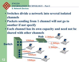 12
• Switches divide a network into several isolated
channels
• Packets sending from 1 channel will not go to
another if not specify
• Each channel has its own capacity and need not be
shared with other channels
10Mbps
10Mbps
10Mbps
10Mbps
Switch
Hub 3.3Mbps
3.3Mbps
3.3Mbps
ENG224
INFORMATION TECHNOLOGY – Part I
8. Network Devices
 