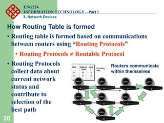 20
How Routing Table is formed
• Routing table is formed based on communications
between routers using “Routing Protocols”
• Routing Protocols  Routable Protocol
• Routing Protocols
collect data about
current network
status and
contribute to
selection of the
best path
Routers communicate
within themselves
ENG224
INFORMATION TECHNOLOGY – Part I
8. Network Devices
 
