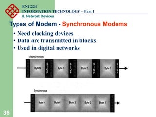 36
Types of Modem - Synchronous Modems
• Need clocking devices
• Data are transmitted in blocks
• Used in digital networks
ENG224
INFORMATION TECHNOLOGY – Part I
8. Network Devices
 