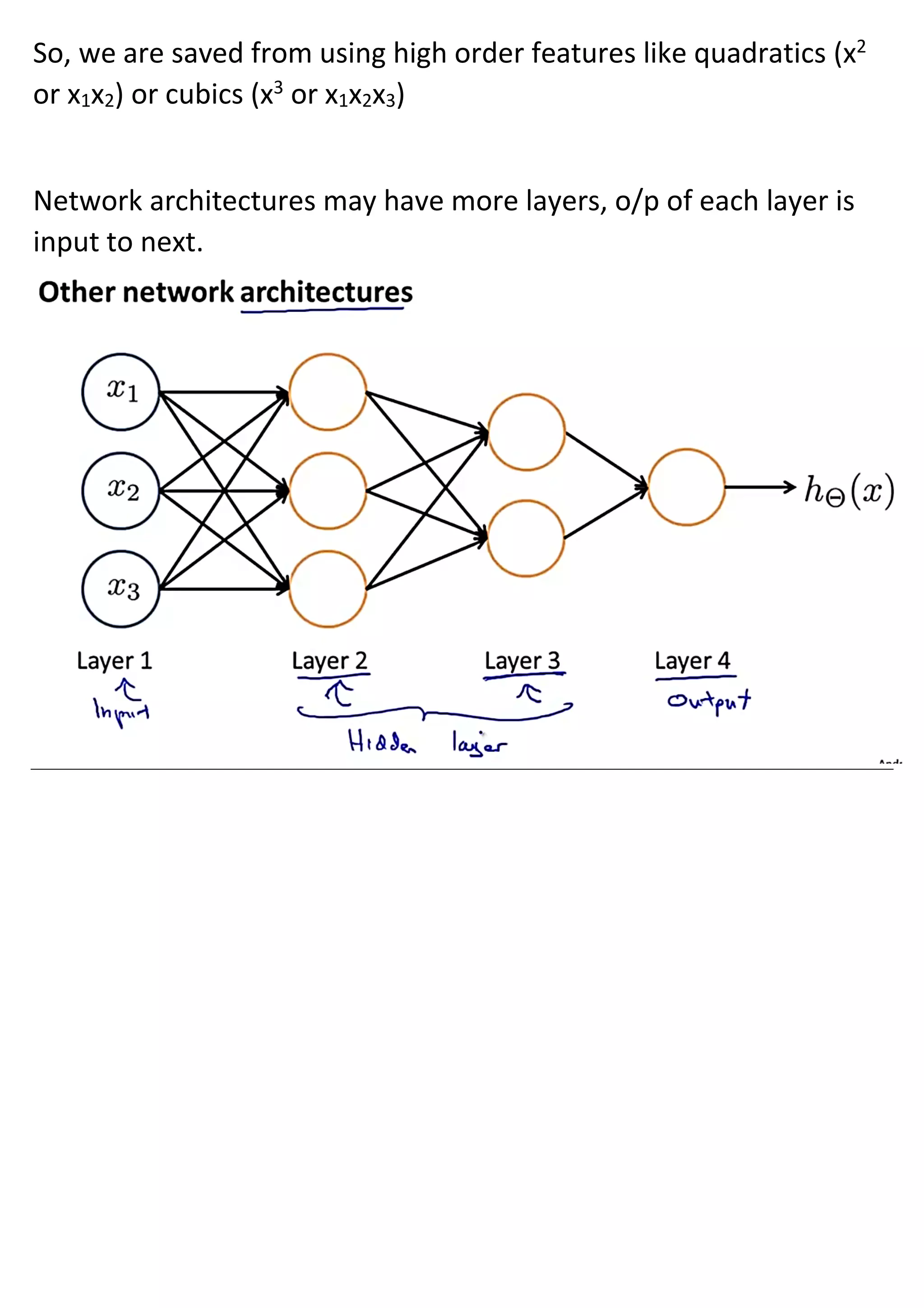 So, we are saved from using high order features like quadratics (x2
or x1x2) or cubics (x3
or x1x2x3)
Network architectures may have more layers, o/p of each layer is
input to next.
 