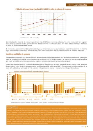 59News
Las ciudades están creciendo de manera muy acelerada - más del 90% del crecimiento poblacional en países en desarrollo tiene lugar en
las ciudades- y cada día se añaden aproximadamente 180.000 personas a la población urbana. Para el año 2030, se estima que el 60% de
la población mundial vivirá en áreas urbanas.
El crecimiento y la extensión mundial de las metrópolis, es un fenómeno que se ha desarrollado con una dinámica creciente en el último
siglo, especialmente durante las dos últimas décadas y tiene como consecuencia directa un mayor consumo de alimentos elaborados.
Cambio en los hábitos de consumo
Otra tendencia a considerar para realizar un análisis de escenario futuro de los agroalimentos es la de los hábitos alimenticios, que en gran
parte de la población mundial han estado cambiando en los últimos años. La dieta ha pasado a ser más rica en calorías y está compuesta
por mayor cantidad de alimentos elaborados, que requieren procesos de producción y mayor valor agregado.
Se está ante la presencia de una sustitución de cereales y féculas por productos de mayor agregación de valor como la carne, productos
lácteos, dulces, frutas, alimentos procesados, entre otros. Este cambio de hábito alimenticio y el incremento en los valores calóricos de la
dieta de la población se hacen cada vez más evidentes en las poblaciones urbanas y especialmente en las grandes ciudades.
Fuente: Elaboración de ICONE en base a ONU
Población Urbana y Rural Mundial. 1950 -2030. En miles de millones de personas
Metodologíadetrabajo
Para tipificar la evolución de las importaciones agroalimentarias de los 77 mercados analizados se utilizó la Matriz de Atractividad, donde se clasifican entre mercados grandes
y pequeños, como también de rápido o lento crecimiento, acorde a su situación respecto a la media mundial. Para los años analizados, 2005-2009, un mercado se consideró
grande si superaba el 1,2% del mercado mundial y respecto a la tasa de expansión si el promedio de crecimiento anual fue de 9,3%. Para definir el grado de participación
de las exportaciones argentinas, y por ende considerar las estrategias a seguir se utilizó una Matriz BCG modificada, considerando la intensidad de las exportaciones por
nuestro país, el nivel de penetración respecto al mayor país competidor como el dinamismo del mercado, medido por la tasa de crecimiento anual de las importaciones
agroalimentarias. Para tipificar las regiones analizadas, se consideraron los orígenes de los mismos, analizando el grado de importaciones provenientes de la zona como por
fuera de ella. Para analizar el grado de concentración de los proveedores agroalimentarios de cada región, tomando como una variable proxy a la permeabilidad general del
mercado, se analizó con el Índice de Herfindahl-Hirschman (IHH). El mismo brinda una medida de la estructura de mercado. Para su cálculo se tiene en consideración tanto el
número de países proveedores de bienes agroalimentarios como su participación relativa.
Fuente: World agriculture: towards 2030/2050. Prospects for food, nutrition, agriculture and major commodity groups.FAO 200
180
160
140
120
100
80
60
40
20
0
Cereales
1969/71 1979/811 989/91 1999/01 2030 2050
Grupo de alimentos con disminución o menor crecimiento pronosticado
Kilocaloríasporpersonapordía
Cambios de los patrones mundiales de consumo per cápita de alimentos
Grupo de alimentos con mayor crecimiento pronosticado
Legumbres Raíces y tuberculos Azúcares Leche y productos
lácteos
Carne Oleaginosas
y derivados
	Informe Agroalimentos
 