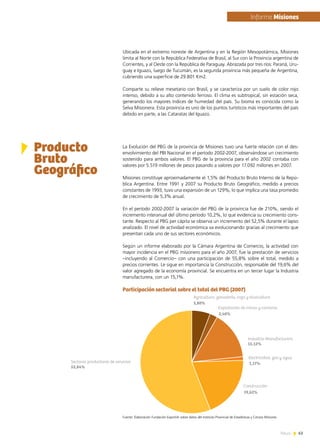 63News
Ubicada en el extremo noreste de Argentina y en la Región Mesopotámica, Misiones
limita al Norte con la República Federativa de Brasil, al Sur con la Provincia argentina de
Corrientes, y al Oeste con la República de Paraguay. Abrazada por tres ríos: Paraná, Uru-
guay e Iguazú, luego de Tucumán, es la segunda provincia más pequeña de Argentina,
cubriendo una superficie de 29.801 Km2.
Comparte su relieve mesetario con Brasil, y se caracteriza por un suelo de color rojo
intenso, debido a su alto contenido ferroso. El clima es subtropical, sin estación seca,
generando los mayores índices de humedad del país. Su bioma es conocida como la
Selva Misionera. Esta provincia es uno de los puntos turísticos más importantes del país
debido en parte, a las Cataratas del Iguazú.
La Evolución del PBG de la provincia de Misiones tuvo una fuerte relación con el des-
envolvimiento del PBI Nacional en el período 2002-2007, observándose un crecimiento
sostenido para ambos valores. El PBG de la provincia para el año 2002 contaba con
valores por 5.519 millones de pesos pasando a valores por 17.092 millones en 2007.
Misiones constituye aproximadamente el 1,5% del Producto Bruto Interno de la Repú-
blica Argentina. Entre 1991 y 2007 su Producto Bruto Geográfico, medido a precios
constantes de 1993, tuvo una expansión de un 129%, lo que implica una tasa promedio
de crecimiento de 5,3% anual.
En el período 2002-2007 la variación del PBG de la provincia fue de 210%, siendo el
incremento interanual del último período 10,2%, lo que evidencia su crecimiento cons-
tante. Respecto al PBG per cápita se observa un incremento del 52,5% durante el lapso
analizado. El nivel de actividad económica va evolucionando gracias al crecimiento que
presentan cada uno de sus sectores económicos.
Según un informe elaborado por la Cámara Argentina de Comercio, la actividad con
mayor incidencia en el PBG misionero para el año 2007, fue la prestación de servicios  
–incluyendo al Comercio– con una participación de 55,8% sobre el total, medido a
precios corrientes. Le sigue en importancia la Construcción, responsable del 19,6% del
valor agregado de la economía provincial. Se encuentra en un tercer lugar la Industria
manufacturera, con un 15,1%.
Participación sectorial sobre el total del PBG (2007)
Fuente: Elaboración Fundación ExportAr sobre datos del Instituto Provincial de Estadísticas y Censos Misiones
Producto
Bruto
Geográfico
5,80%
2,40%
15,12%
1,17%
19,62%
Agricultura, ganadería, caza y silvicultura
Explotación de minas y canteras
Industria Manufacturera
Electricidad, gas y agua
Construcción
55,84%
Sectores productores de servicios
	Informe Misiones
 