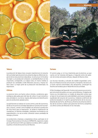 67News
Tabaco
La producción de tabaco tiene una gran importancia en el conjunto
de la actividad agrícola provincial y presenta algunas diferencias res-
pecto de las otras provincias tabacaleras. Su estructura minifundista
da origen a una producción artesanal. La variedad Burley es la más
importante, corresponde a un tabaco claro; en menor medida se
producen las variedades Criollo Misionero (oscuro) y Virginia (ta-
baco claro). La mayor parte de la producción está destinada a la
exportación.
Cítricos
La provincia tiene una fuerte cultura citrícola y condiciones agro-
ecológicas adecuadas para este tipo de cultivo, lo que convierte a
esta actividad en una de las mejores alternativas de diversificación
para los productores agropecuarios.
Las plantaciones se realizan en la zona centro y este de la provincia,
donde se encuentra la actividad tabacalera en proceso de reconver-
sión a cítricos, y tienen como finalidad casi exclusiva la producción
de fruta fresca para la exportación. Se señala la implantación de
mandarinas, en distintas variedades, notándose una tendencia a la
especialización; a su vez se están cultivando nuevas variedades de
naranjas y limones.
Los productores, empresas y cooperativas cítricas, participan en el
Consejo Provincial de la Citricultura (COPROCITI), organismo creado
por la Ley Provincial 3.539 cuyo objetivo es analizar, definir y aplicar
la política citrícola de la provincia de Misiones.
Turismo
El turismo juega un rol muy importante para la provincia, ya que
cuenta con las Cataratas del Iguazú, el segundo centro de capta-
ción de turistas extranjeros del país, después de Buenos Aires.
Los recursos naturales y culturales de notable singularidad, suma-
dos a la infraestructura de comunicación y transporte, red viaria con
un buen nivel de conectividad y dos aeropuertos, constituyen los
factores de fortaleza para el desarrollo de esta actividad.
El Plan Estratégico de Desarrollo Turístico de la provincia es el princi-
pal instrumento de política con que cuenta Misiones. El objetivo del
mismo es el de determinar un modelo de desarrollo turístico que
se base en los principios de sustentabilidad y promueva el progreso
equilibrado del conjunto de la provincia, mediante la definición de
productos basados en el óptimo aprovechamiento de los recursos,
dotando de esta forma, de eficacia y eficiencia los esfuerzos deriva-
dos de las acciones a realizar para posicionar de forma competitiva
a la oferta turística de Misiones en los mercados.
	Informe Misiones
 