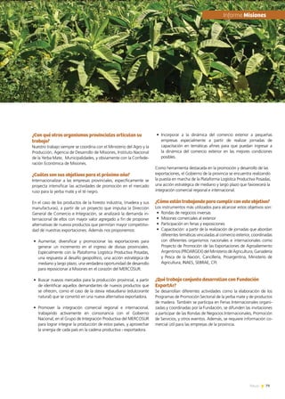 79News
•	 Incorporar a la dinámica del comercio exterior a pequeñas
empresas especialmente a partir de realizar jornadas de
capacitación en temáticas afines para que puedan ingresar a
la dinámica del comercio exterior en las mejores condiciones
posibles.
Como herramienta destacada en la promoción y desarrollo de las
exportaciones, el Gobierno de la provincia se encuentra realizando
la puesta en marcha de la Plataforma Logística Productiva Posadas,
una acción estratégica de mediano y largo plazo que favorecerá la
integración comercial regional e internacional.
¿Cómo están trabajando para cumplir con este objetivo?
Los instrumentos más utilizados para alcanzar estos objetivos son:
•	 Rondas de negocios inversas
•	 Misiones comerciales al exterior
•	 Participación en ferias y exposiciones
•	 Capacitación: a partir de la realización de jornadas que abordan
diferentes temáticas vinculadas al comercio exterior, coordinadas
con diferentes organismos nacionales e internacionales como
Proyecto de Promoción de las Exportaciones de Agroaliemento
Argentinos (PROARGEX) del Ministerio de Agricultura, Ganadería
y Pesca de la Nación, Cancillería, Proargentina, Ministerio de
Agricultura, INAES, SEBRAE, CFI.
¿Qué trabajo conjunto desarrollan con Fundación
ExportAr?
Se desarrollan diferentes actividades como la elaboración de los
Programas de Promoción Sectorial de la yerba mate y de productos
de madera. También se participa en Ferias Internacionales organi-
zadas y coordinadas por la Fundación, se difunden las invitaciones
a participar de las Rondas de Negocios Internacionales, Promoción
de Servicios, y otros eventos. Además, se requiere información co-
mercial útil para las empresas de la provincia.
¿Con qué otros organismos provinciales articulan su
trabajo?
Nuestro trabajo siempre se coordina con el Ministerio del Agro y la
Producción, Agencia de Desarrollo de Misiones, Instituto Nacional
de la Yerba Mate,  Municipalidades, y obviamente con la Confede-
ración Económica de Misiones.
¿Cuáles son sus objetivos para el próximo año?
Internacionalizar a las empresas provinciales, específicamente se
proyecta intensificar las actividades de promoción en el mercado
ruso para la yerba mate y el té negro.
En el caso de los productos de la foresto industria, (madera y sus
manufacturas), a partir de un proyecto que impulsa la Dirección
General de Comercio e Integración, se analizará la demanda in-
ternacional de ellos con mayor valor agregado a fin de proponer
alternativas de nuevos productos que permitan mayor competitivi-
dad de nuestras exportaciones. Además nos proponemos:
•	 Aumentar, diversificar y promocionar las exportaciones para
generar un incremento en el ingreso de divisas provinciales.
Especialmente con la Plataforma Logística Productiva Posadas,
una respuesta al desafío geopolítico, una acción estratégica de
mediano y largo plazo, una verdadera oportunidad de desarrollo
para reposicionar a Misiones en el corazón del MERCOSUR.
•	 Buscar nuevos mercados para la producción provincial, a partir
de identificar aquellos demandantes de nuevos productos que
se ofrecen, como el caso de la stevia rebaudiana (edulcorante
natural) que se convirtió en una nueva alternativa exportadora.
•	 Promover la integración comercial regional e internacional,
trabajando activamente en consonancia con el Gobierno
Nacional, en el Grupo de Integración Productiva del MERCOSUR
para lograr integrar la producción de estos países, y aprovechar
la sinergia de cada país en la cadena productiva - exportadora.
	Informe Misiones
 