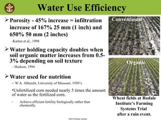 ©2010 Rodale Institute
Porosity - 45% increase = infiltration
increase of 167% 25 mm (1 inch) and
650% 50 mm (2 inches)
-Karlen et al., 1998
Water holding capacity doubles when
soil organic matter increases from 0.5-
3% depending on soil texture
– Hudson, 1994
Water used for nutrition
– W.A. Albrecht, University of Missouri, 1950’s
•Unfertilized corn needed nearly 5 times the amount
of water as the fertilized corn.
– Achieve efficient fertility biologically rather than
chemically.
Water Use Efficiency
Conventional
Organic
Wheat fields at Rodale
Institute’s Farming
Systems Trial
after a rain event.
 