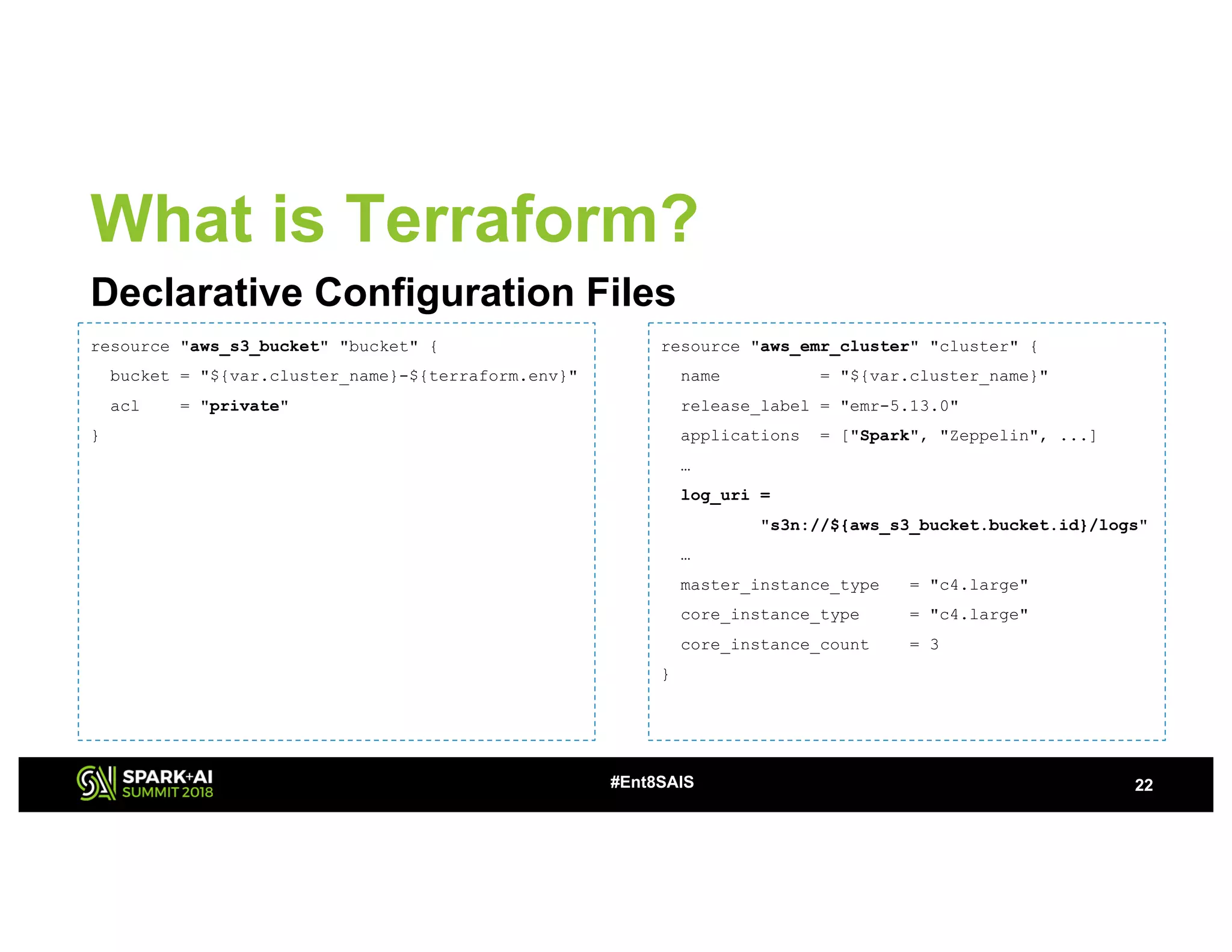 22#Ent8SAIS
What is Terraform?
Declarative Configuration Files
resource "aws_s3_bucket" "bucket" {
bucket = "${var.cluster_name}-${terraform.env}"
acl = "private"
}
resource "aws_emr_cluster" "cluster" {
name = "${var.cluster_name}"
release_label = "emr-5.13.0"
applications = ["Spark", "Zeppelin", ...]
…
log_uri =
"s3n://${aws_s3_bucket.bucket.id}/logs"
…
master_instance_type = "c4.large"
core_instance_type = "c4.large"
core_instance_count = 3
}
 
