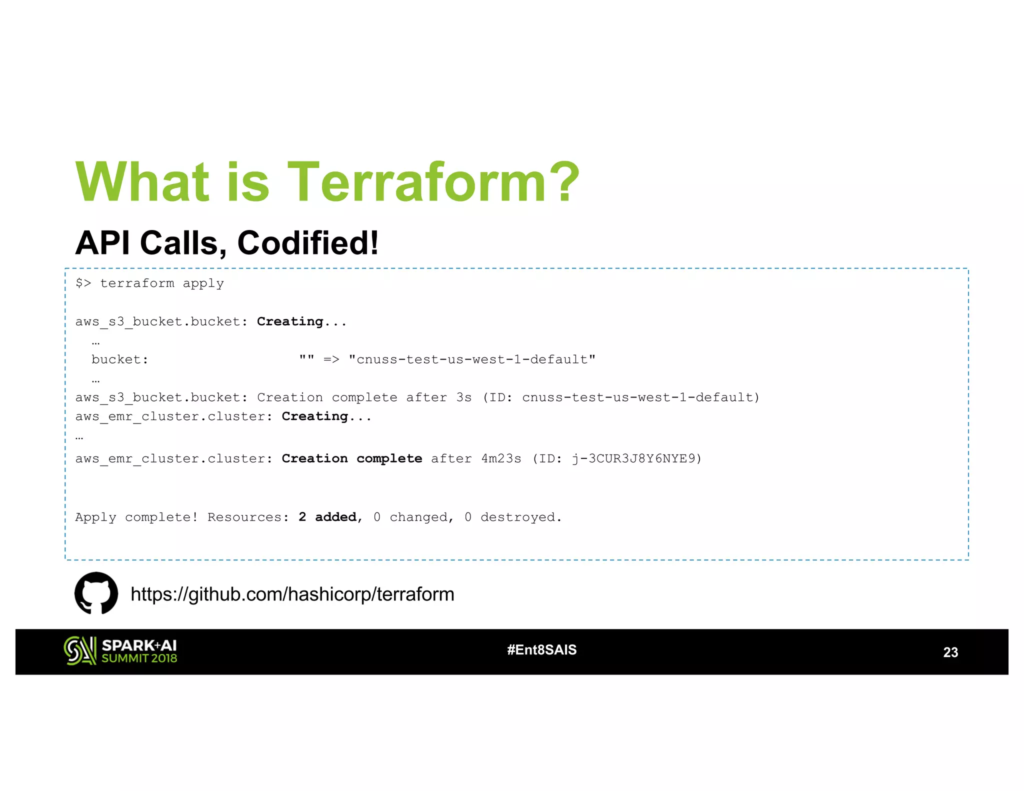 23#Ent8SAIS
What is Terraform?
API Calls, Codified!
$> terraform apply
aws_s3_bucket.bucket: Creating...
…
bucket: "" => "cnuss-test-us-west-1-default"
…
aws_s3_bucket.bucket: Creation complete after 3s (ID: cnuss-test-us-west-1-default)
aws_emr_cluster.cluster: Creating...
…
aws_emr_cluster.cluster: Creation complete after 4m23s (ID: j-3CUR3J8Y6NYE9)
Apply complete! Resources: 2 added, 0 changed, 0 destroyed.
https://github.com/hashicorp/terraform
 
