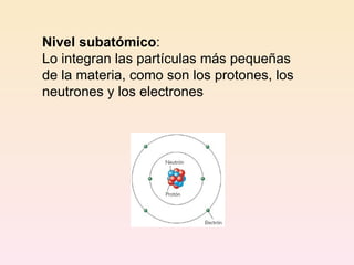 Nivel subatómico : Lo integran las partículas más pequeñas de la materia, como son los protones, los neutrones y los electrones 
