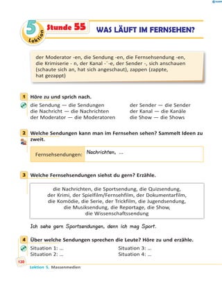 Le ktion
55 WAS LÄUFT IM FERNSEHEN?Stunde 55
der Moderator -en, die Sendung -en, die Fernsehsendung -en,
die Krimiserie - n, der Kanal -¨-e, der Sender -, sich anschauen
(schaute sich an, hat sich angeschaut), zappen (zappte,
hat gezappt)
1 Höre zu und sprich nach.
die Sendung — die Sendungen der Sender — die Sender
die Nachricht — die Nachrichten der Kanal — die Kanäle
der Moderator — die Moderatoren die Show — die Shows
2 Welche Sendungen kann man im Fernsehen sehen? Sammelt Ideen zu
zweit.
Fernsehsendungen: Nachrichten, …
3 Welche Fernsehsendungen siehst du gern? Erzähle.
die Nachrichten, die Sportsendung, die Quizsendung,
der Krimi, der Spielfilm/Fernsehfilm, der Dokumentarfilm,
die Komödie, die Serie, der Trickfilm, die Jugendsendung,
die Musiksendung, die Reportage, die Show,
die Wissenschaftssendung
Ich sehe gern Sportsendungen, denn ich mag Sport.
4 Über welche Sendungen sprechen die Leute? Höre zu und erzähle.
Situation 1: … Situation 3: …
Situation 2: … Situation 4: …
1
2
3
4
Lektion 5. Massenmedien
120
 