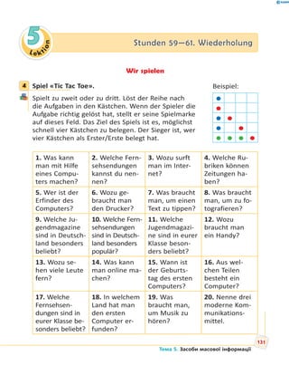 Le kt
ion
55 Stunden 59—61. WiederholungStunden 59—61. Wiederholung
Wir spielen
4 Spiel «Tic Tac Toe».
Spielt zu zweit oder zu dritt. Löst der Reihe nach
die Aufgaben in den Kästchen. Wenn der Spieler die
Aufgabe richtig gelöst hat, stellt er seine Spielmarke
auf dieses Feld. Das Ziel des Spiels ist es, möglichst
schnell vier Kästchen zu belegen. Der Sieger ist, wer
vier Kästchen als Erster/Erste belegt hat.
1. Was kann
man mit Hilfe
eines Compu-
ters machen?
2. Welche Fern-
sehsendungen
kannst du nen-
nen?
3. Wozu surft
man im Inter-
net?
4. Welche Ru-
briken können
Zeitungen ha-
ben?
5. Wer ist der
Erfinder des
Computers?
6. Wozu ge-
braucht man
den Drucker?
7. Was braucht
man, um einen
Text zu tippen?
8. Was braucht
man, um zu fo-
tografieren?
9. Welche Ju-
gendmagazine
sind in Deutsch-
land besonders
beliebt?
10. Welche Fern-
sehsendungen
sind in Deutsch-
land besonders
populär?
11. Welche
Jugendmagazi-
ne sind in eurer
Klasse beson-
ders beliebt?
12. Wozu
braucht man
ein Handy?
13. Wozu se-
hen viele Leute
fern?
14. Was kann
man online ma-
chen?
15. Wann ist
der Geburts-
tag des ersten
Computers?
16. Aus wel-
chen Teilen
besteht ein
Computer?
17. Welche
Fernsehsen-
dungen sind in
eurer Klasse be-
sonders beliebt?
18. In welchem
Land hat man
den ersten
Computer er-
funden?
19. Was
braucht man,
um Musik zu
hören?
20. Nenne drei
moderne Kom-
munikations-
mittel.
4 Beispiel:


 
 
   
131
Тема 5. Засоби масової інформації
 