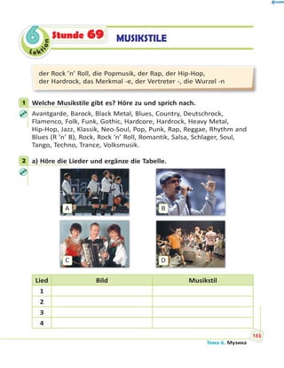 Le kt
ion
66 MUSIKSTILEStunde 69
der Rock ’n’ Roll, die Popmusik, der Rap, der Hip-Hop,
der Hardrock, das Merkmal -e, der Vertreter -, die Wurzel -n
1 Welche Musikstile gibt es? Höre zu und sprich nach.
Avantgarde, Barock, Black Metal, Blues, Country, Deutschrock,
Flamenco, Folk, Funk, Gothic, Hardcore, Hardrock, Heavy Metal,
Hip-Hop, Jazz, Klassik, Neo-Soul, Pop, Punk, Rap, Reggae, Rhythm and
Blues (R ’n’ B), Rock, Rock ’n’ Roll, Romantik, Salsa, Schlager, Soul,
Tango, Techno, Trance, Volksmusik.
2 a) Höre die Lieder und ergänze die Tabelle.
A
C
B
D
Lied Bild Musikstil
1
2
3
4
1
2
Тема 6. Музика
153
 