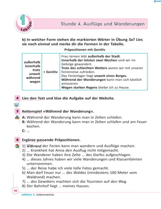 L e ktion
11 Stunde 4. Ausflüge und WanderungenStunde 4. Ausflüge und Wanderungen
b) In welcher Form stehen die markierten Wörter in Übung 3a? Lies
sie noch einmal und merke dir die Formen in der Tabelle.
Präpositionen mit Genitiv
außerhalb
innerhalb
trotz
unweit
während
wegen
+ Genitiv
Frau Jensen lebt außerhalb der Stadt.
Innerhalb der letzten zwei Wochen sind wir im
Gebirge gewandert.
Trotz des schlechten Wetters waren wir mit unserer
Ferienreise zufrieden.
Das Ferienlager liegt unweit eines Berges.
Während der Wanderungen kann man sich köstlich
amüsieren.
Wegen starken Regens bleibe ich zu Hause.
4 Lies den Text und löse die Aufgabe auf der Website.
5 Kettenspiel «Während der Wanderung».
A: Während der Wanderung kann man in Zelten schlafen.
B: Während der Wanderung kann man in Zelten schlafen und am Feuer
kochen.
C: …
6 Ergänze passende Präpositionen.
1) Während der Ferien kann man wandern und Ausflüge machen.
2) … Krankheit hat Anna den Ausflug nicht mitgemacht.
3) Die Wanderer haben ihre Zelte … des Dorfes aufgeschlagen.
4) … dieses Jahres haben wir viele Wanderungen und Klassenfahrten
unternommen.
5) … der Reise habe ich viele tolle Fotos gemacht.
6) Man darf Feuer nur … des Waldes (mindestens 100 Meter vom
Waldrand) machen.
7) … des Gewitters machten sich die Touristen auf den Weg.
8) Der Bahnhof liegt … meines Hauses.
4
5
6
Lektion 1. Lebensweise
16
 