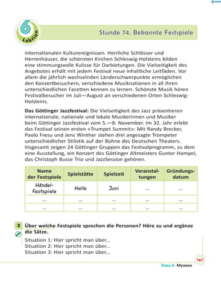 Le kt
ion
66 Stunde 74. Bekannte FestspieleStunde 74. Bekannte Festspiele
internationalen Kulturereignissen. Herrliche Schlösser und
Herrenhäuser, die schönsten Kirchen Schleswig-Holsteins bilden
eine stimmungsvolle Kulisse für Darbietungen. Die Vielseitigkeit des
Angebotes erhält mit jedem Festival neue inhaltliche Leitfäden. Vor
allem die jährlich wechselnden Länderschwerpunkte ermöglichen
den Konzertbesuchern, verschiedene Musiknationen in all ihren
unterschiedlichen Facetten kennen zu lernen. Schönste Musik hören
Festivalbesucher im Juli—August an verschiedenen Orten Schleswig-
Holsteins.
Das Göttinger Jazzfestival: Die Vielseitigkeit des Jazz präsentieren
internationale, nationale und lokale Musikerinnen und Musiker
beim Göttinger Jazzfestival vom 5.—8. November. Im 32. Jahr erlebt
das Festival seinen ersten «Trumpet Summit»: Mit Randy Brecker,
Paolo Fresu und Jens Winther stehen drei angesagte Trompeter
unterschiedlicher Stilistik auf der Bühne des Deutschen Theaters.
Insgesamt zeigen 24 Göttinger Gruppen das Festivalprogramm, zu dem
eine Ausstellung, ein Konzert des Göttinger Altmeisters Gunter Hampel,
das Christoph Busse Trio und JazzSession gehören.
Name
der Festspiele
Spielstätte Spielzeit
Veranstal-
tungen
Gründungs-
datum
Händel-
Festspiele
Halle Juni … …
… … … … …
… … … … …
3 Über welche Festspiele sprechen die Personen? Höre zu und ergänze
die Sätze.
Situation 1: Hier spricht man über...
Situation 2: Hier spricht man über...
Situation 3: Hier spricht man über...
3
167
Тема 6. Музика
 