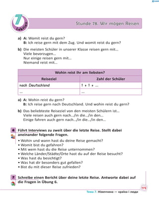 Le kt
ion
77 Stunde 78. Wir mögen ReisenStunde 78. Wir mögen Reisen
a) A: Womit reist du gern?
B: Ich reise gern mit dem Zug. Und womit reist du gern?
b) Die meisten Schüler in unserer Klasse reisen gern mit…
Viele bevorzugen…
Nur einige reisen gern mit…
Niemand reist mit…
Wohin reist ihr am liebsten?
Reiseziel Zahl der Schüler
nach Deutschland 1 + 1 + …
… …
a) A: Wohin reist du gern?
B: Ich reise gern nach Deutschland. Und wohin reist du gern?
b) Das beliebteste Reiseziel von den meisten Schülern ist…
Viele reisen auch gern nach…/in die…/in den…
Einige fahren auch gern nach…/in die…/in den…
6 Führt Interviews zu zweit über die letzte Reise. Stellt dabei
aneinander folgende Fragen.
• Wohin und wann hast du deine Reise gemacht?
• Womit bist du gefahren?
• Mit wem hast du die Reise unternommen?
• Welche Länder/Städte/Orte hast du auf der Reise besucht?
• Was hast du besichtigt?
• Was hat dir besonders gut gefallen?
• Bist du mit dieser Reise zufrieden?
7 Schreibe einen Bericht über deine letzte Reise. Antworte dabei auf
die Fragen in Übung 6.
6
7
175
Тема 7. Німеччина — країна і люди
 