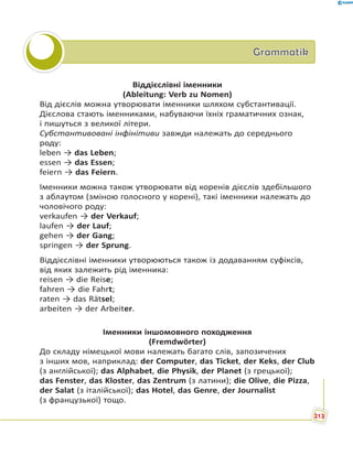 GrammatikGrammatik
Віддієслівні іменники
(Ableitung: Verb zu Nomen)
Від дієслів можна утворювати іменники шляхом субстантивації.
Дієслова стають іменниками, набуваючи їхніх граматичних ознак,
і пишуться з великої літери.
Субстантивовані інфінітиви завжди належать до середнього
роду:
leben → das Leben;
essen → das Essen;
feiern → das Feiern.
Іменники можна також утворювати від коренів дієслів здебільшого
з аблаутом (зміною голосного у корені), такі іменники належать до
чоловічого роду:
verkaufen → der Verkauf;
laufen → der Lauf;
gehen → der Gang;
springen → der Sprung.
Віддієслівні іменники утворюються також із додаванням суфіксів,
від яких залежить рід іменника:
reisen → die Reise;
fahren → die Fahrt;
raten → das Rätsel;
arbeiten → der Arbeiter.
Іменники іншомовного походження
(Fremdwörter)
До складу німецької мови належать багато слів, запозичених
з інших мов, наприклад: der Computer, das Ticket, der Keks, der Club
(з англійської); das Alphabet, die Physik, der Planet (з грецької);
das Fenster, das Kloster, das Zentrum (з латини); die Olive, die Pizza,
der Salat (з італійської); das Hotel, das Genre, der Journalist
(з французької) тощо.
213
 