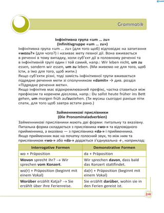GrammatikGrammatik
Інфінітивна група «um … zu»
(Infinitivgruppe «um … zu»)
Інфінітивна група «um … zu» (для того щоб) відповідає на запитання
«wozu?» (для чого?) і називає мету певної дії. Вона вживається
в реченні в тому випадку, коли суб’єкт дії в головному реченні та
в інфінітивній групі один і той самий, напр.: Wir leben nicht, um zu
essen, sondern wir essen, um zu leben. (Ми живемо не для того, щоб
їсти, а їмо для того, щоб жити.)
Якщо суб’єкти різні, тоді замість інфінітивної групи вживається
підрядне речення мети зі сполучником «damit» → див. розділ
«Підрядне речення мети».
Якщо інфінітив має відокремлюваний префікс, частка ставиться між
префіксом та коренем дієслова, напр.: Du sollst heute früher ins Bett
gehen, um morgen früh aufzustehen. (Ти мусиш сьогодні раніше піти
спати, для того щоб завтра встати рано.)
Займенникові прислівники
(Die Pronominaladverbien)
Займенникові прислівники мають дві форми: питальну та вказівну.
Питальна форма складається з прислівника «wo-» та відповідного
прийменника, а вказівна — з прислівника «da-» і прийменника.
Якщо прийменник має на початку голосний звук, то між ним та
прислівником «wo-» або «da-» додається з’єднувальна -r-, наприклад:
Interrogative Formen Demonstrative Formen
wo + Präposition da + Präposition
Wovon sprecht ihr?  Wir
sprechen vom Konzert.
Wir sprechen davon, dass bald
das Konzert stattfindet.
wo(r) + Präposition (beginnt mit
einem Vokal)
da(r) + Präposition (beginnt mit
einem Vokal)
Worüber erzählt Katja?  Sie
erzählt über ihre Ferienreise.
Sie erzählt darüber, wohin sie in
den Ferien gereist ist.
219
 